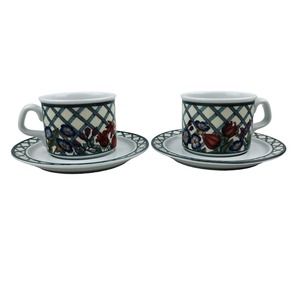 Dansk Nordic Garden Flat Cup & Saucer Set Lot of 2 Round Floral Lattice & Ribbon